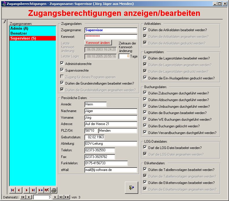 Menue für die Zugangsberechtigungen